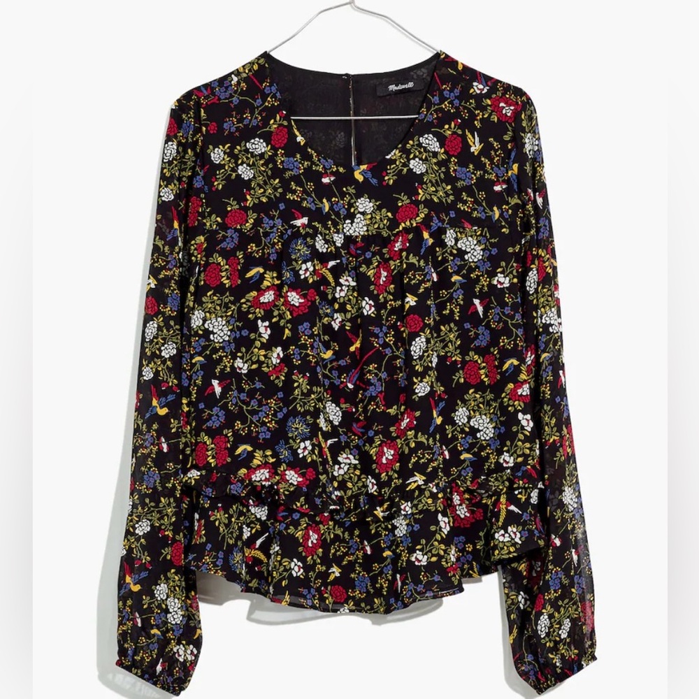 Madewell Sheer-Sleeve Ruffle Peplum Top Blouse in‎ Black Finch Floral Size Large